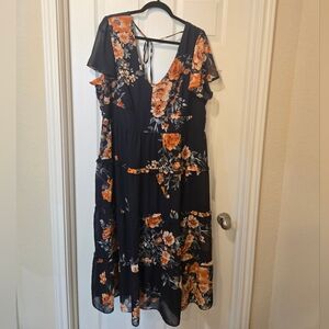 Navy Floral Midi Dress with Orange Bloom Print